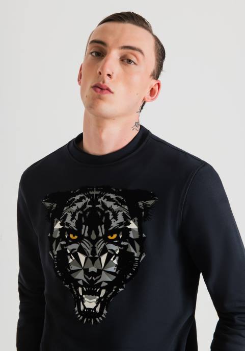 Antony Morato mężczyźni Bluza o regularnym kroju z mieszanki bawełny z nadrukiem w panterkę VNLT50 odzież niebieski atrament