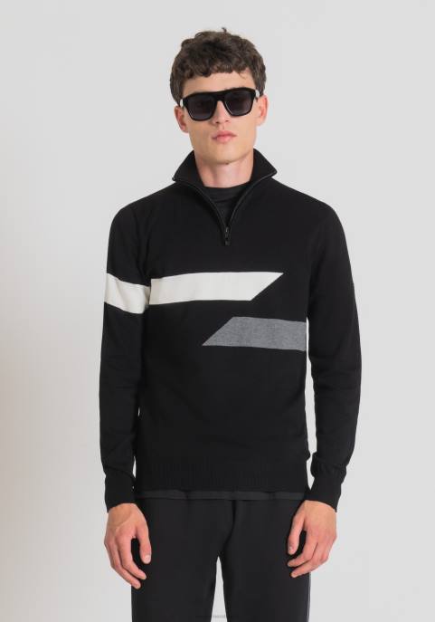 Antony Morato mężczyźni Bluza o dopasowanym kroju z wysokim dekoltem, wykonana z elastycznej przędzy, z żakardowymi paskami VNLT93 odzież czarny