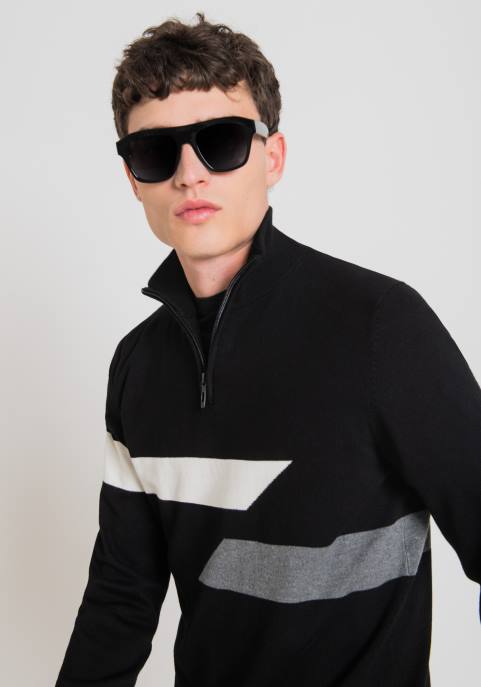 Antony Morato mężczyźni Bluza o dopasowanym kroju z wysokim dekoltem, wykonana z elastycznej przędzy, z żakardowymi paskami VNLT93 odzież czarny