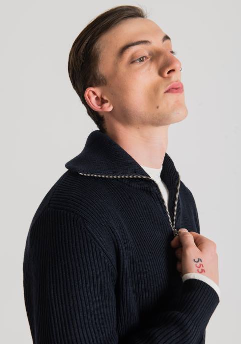 Antony Morato mężczyźni Bluza o regularnym kroju z zamkiem błyskawicznym, wykonana z przędzy z domieszką wełny i angielskim ściągaczem na całej powierzchni VNLT92 odzież niebieski atrament