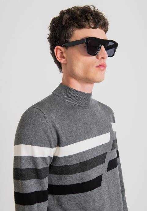 Antony Morato mężczyźni Model polo o dopasowanym kroju, wykonany z rozciągliwej przędzy wiskozowej z kontrastowymi żakardowymi paskami VNLT76 odzież średni mel.szary