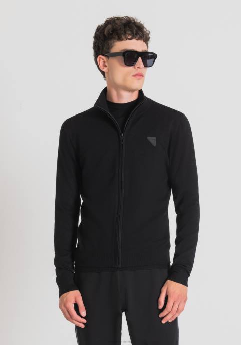 Antony Morato mężczyźni Sweter z wysokim dekoltem i zamkiem błyskawicznym, wykonany z rozciągliwej przędzy wiskozowej z naszywką z logo VNLT95 odzież czarny
