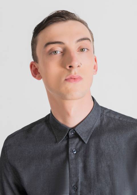 Antony Morato mężczyźni Koszula o dopasowanym kroju napoli z czystej bawełny łatwej w prasowaniu z efektem dżinsu VNLT115 odzież jasny niebieski