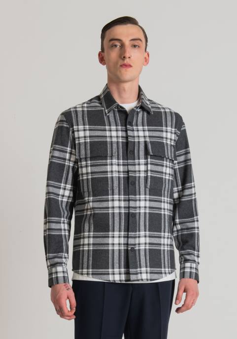 Antony Morato mężczyźni Monachium – Koszula o prostym kroju z bawełnianego diagonalu w kratkę VNLT126 odzież ciemnoszary melanż