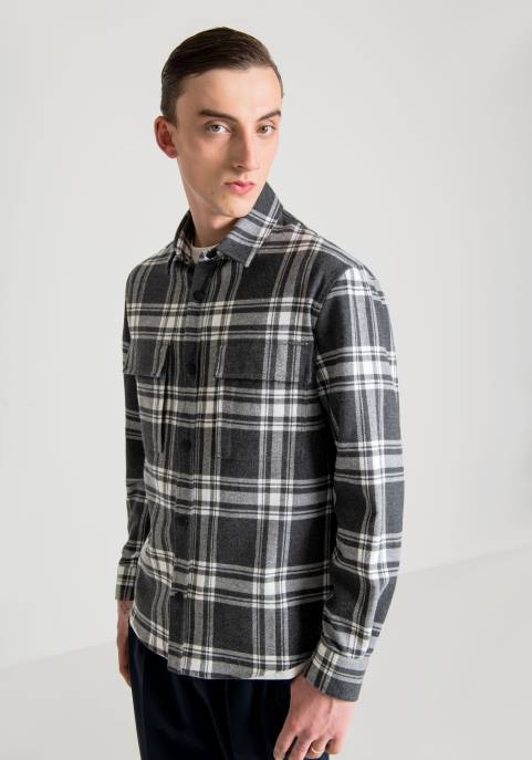 Antony Morato mężczyźni Monachium – Koszula o prostym kroju z bawełnianego diagonalu w kratkę VNLT126 odzież ciemnoszary melanż