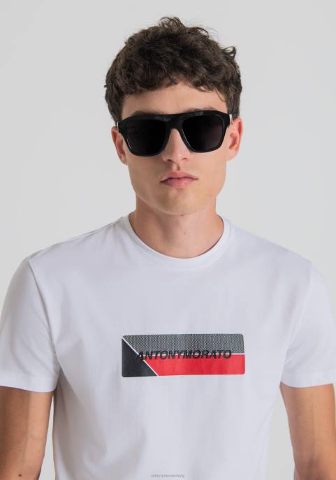 Antony Morato mężczyźni T-shirt o bardzo dopasowanym kroju, wykonany z elastycznej bawełny, z nadrukiem z przodu VNLT159 odzież biały