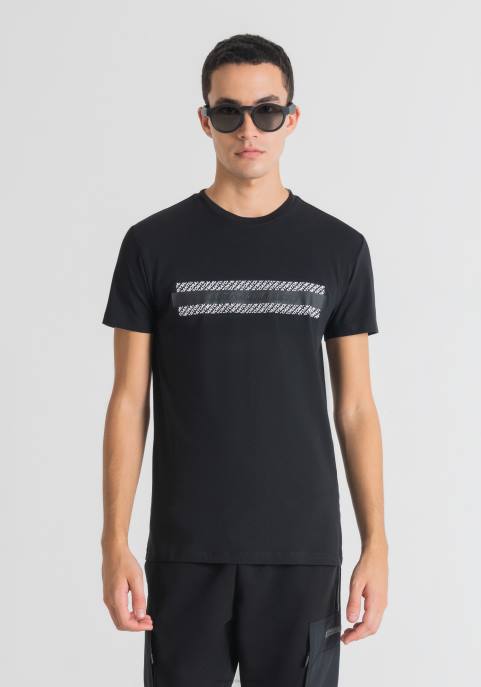 Antony Morato mężczyźni T-shirt o bardzo dopasowanym kroju z elastycznej bawełny z wytłoczonym logo VNLT192 odzież czarny