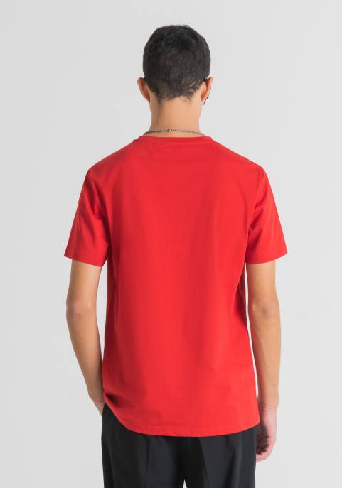 Antony Morato mężczyźni T-shirt o dopasowanym kroju z czystej bawełny z nadrukiem Morato VNLT188 odzież ognista czerwień