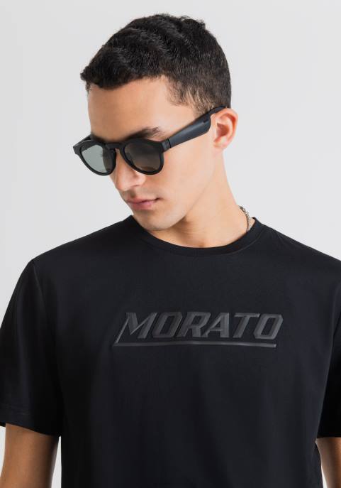 Antony Morato mężczyźni T-shirt o dopasowanym kroju z czystej bawełny z nadrukiem Morato VNLT190 odzież czarny