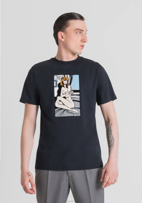 Antony Morato mężczyźni T-shirt o regularnym kroju, wykonany w 100% z bawełny, z nadrukiem winiety VNLT181 odzież niebieski atrament