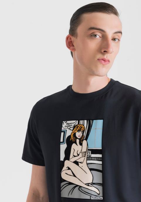 Antony Morato mężczyźni T-shirt o regularnym kroju, wykonany w 100% z bawełny, z nadrukiem winiety VNLT181 odzież niebieski atrament