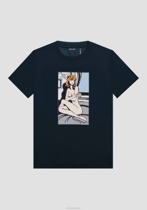 Antony Morato mężczyźni T-shirt o regularnym kroju, wykonany w 100% z bawełny, z nadrukiem winiety VNLT181 odzież niebieski atrament