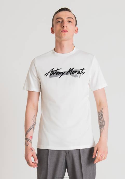 Antony Morato mężczyźni T-shirt o regularnym kroju z czystej bawełny z gumowanym nadrukiem logo VNLT203 odzież krem