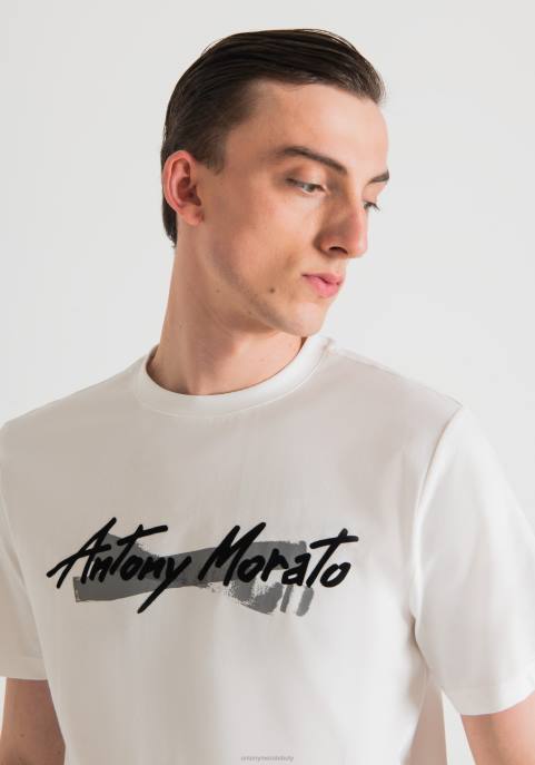 Antony Morato mężczyźni T-shirt o regularnym kroju z czystej bawełny z gumowanym nadrukiem logo VNLT203 odzież krem