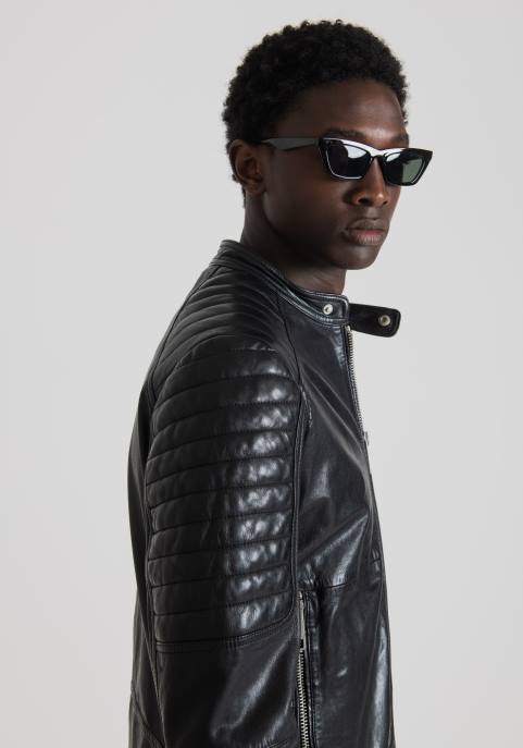 Antony Morato mężczyźni Kurtka motocyklowa slim fit z prawdziwej skóry z koreańskim kołnierzem VNLT3 odzież czarny