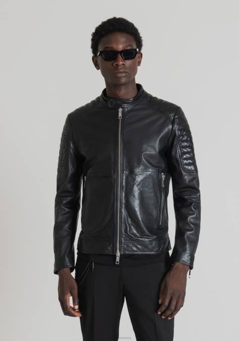 Antony Morato mężczyźni Kurtka motocyklowa slim fit z prawdziwej skóry z koreańskim kołnierzem VNLT3 odzież czarny