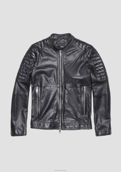 Antony Morato mężczyźni Kurtka motocyklowa slim fit z prawdziwej skóry z koreańskim kołnierzem VNLT3 odzież czarny