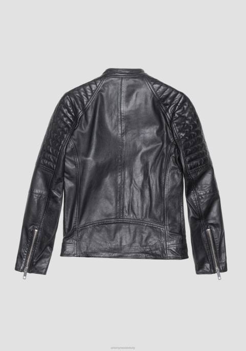 Antony Morato mężczyźni Kurtka motocyklowa slim fit z prawdziwej skóry z koreańskim kołnierzem VNLT3 odzież czarny