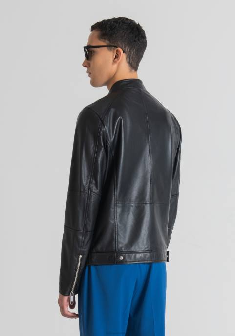 Antony Morato mężczyźni Kurtka motocyklowa slim fit z prawdziwej skóry z koreańskim kołnierzem VNLT4 odzież czarny