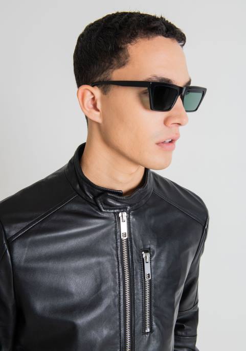 Antony Morato mężczyźni Kurtka motocyklowa slim fit z prawdziwej skóry z koreańskim kołnierzem VNLT4 odzież czarny