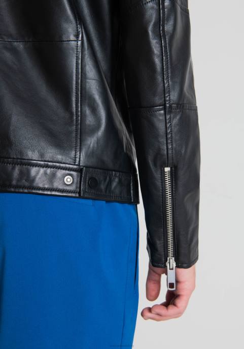 Antony Morato mężczyźni Kurtka motocyklowa slim fit z prawdziwej skóry z koreańskim kołnierzem VNLT4 odzież czarny