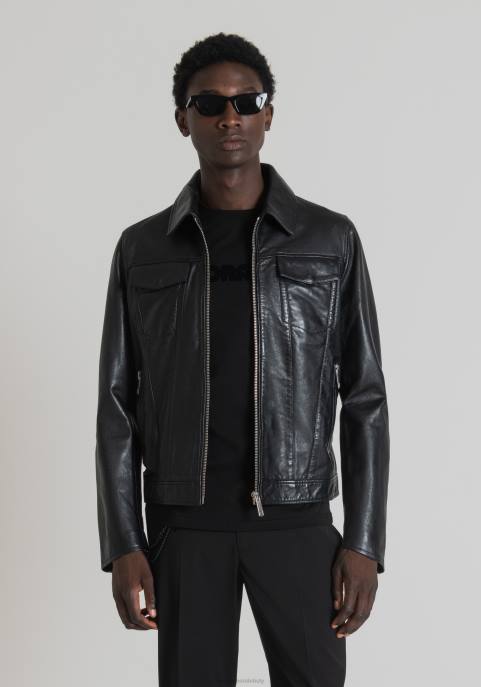 Antony Morato mężczyźni Kurtka slim fit z prawdziwej skóry z koszulowym kołnierzem VNLT1 odzież czarny