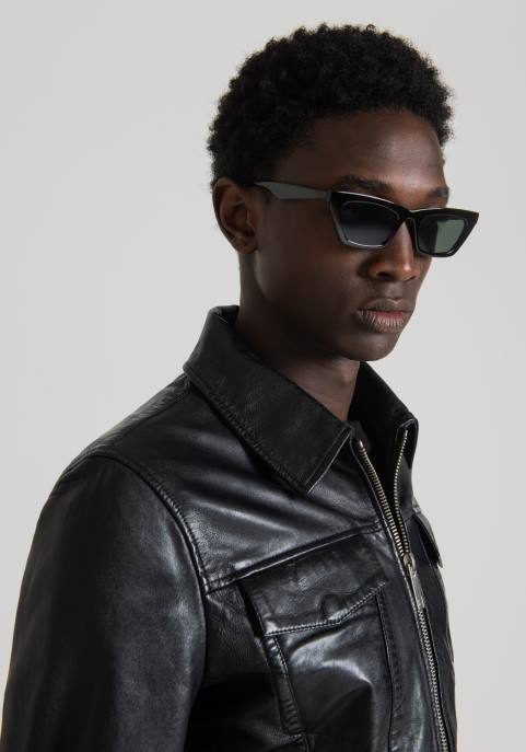 Antony Morato mężczyźni Kurtka slim fit z prawdziwej skóry z koszulowym kołnierzem VNLT1 odzież czarny