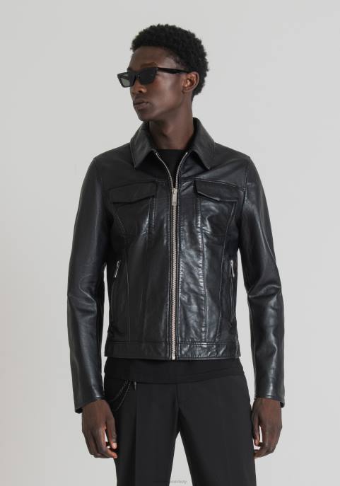 Antony Morato mężczyźni Kurtka slim fit z prawdziwej skóry z koszulowym kołnierzem VNLT1 odzież czarny