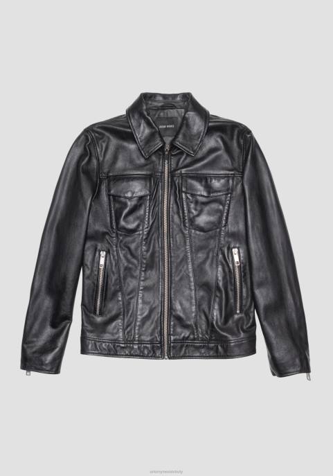 Antony Morato mężczyźni Kurtka slim fit z prawdziwej skóry z koszulowym kołnierzem VNLT1 odzież czarny