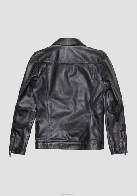 Antony Morato mężczyźni Kurtka slim fit z prawdziwej skóry z koszulowym kołnierzem VNLT1 odzież czarny